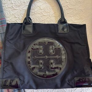 Tory Burch Black Nylon Tote with Patent Logo